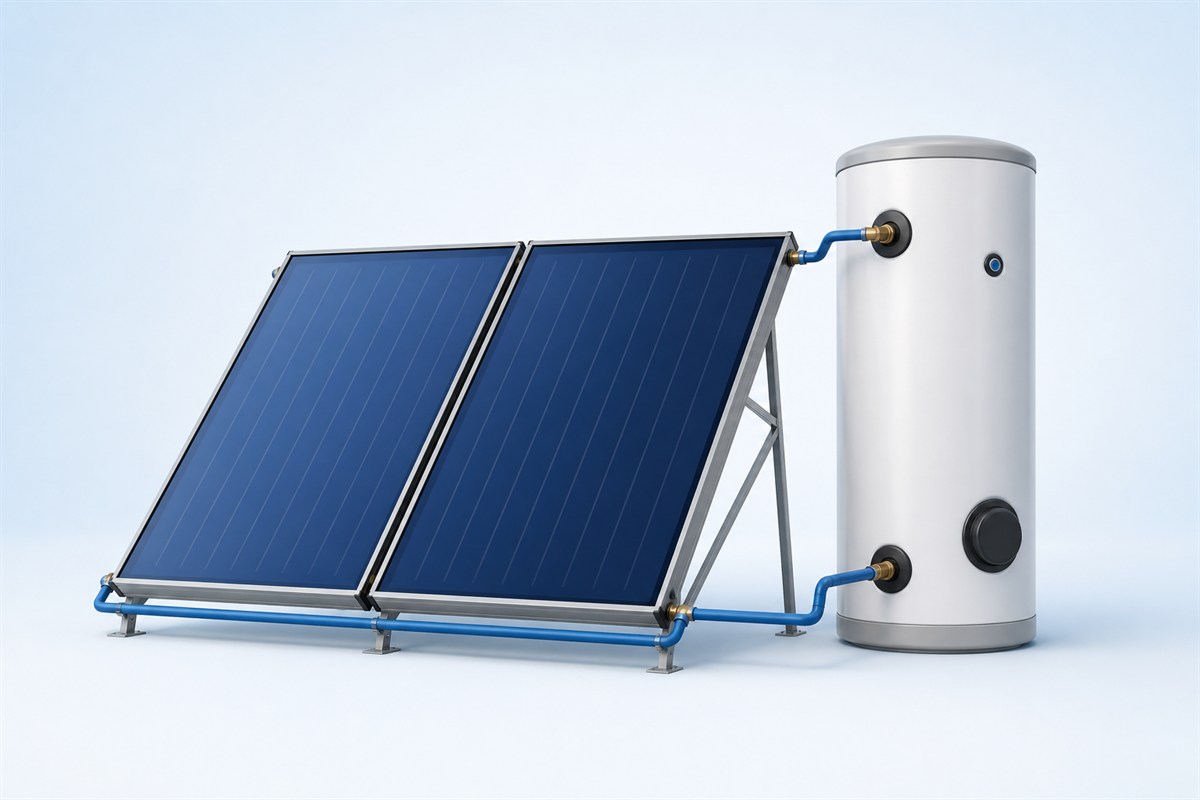 Solarthermie-Anlage mit zwei Kollektoren und Warmwasserspeicher als 3D-Illustration